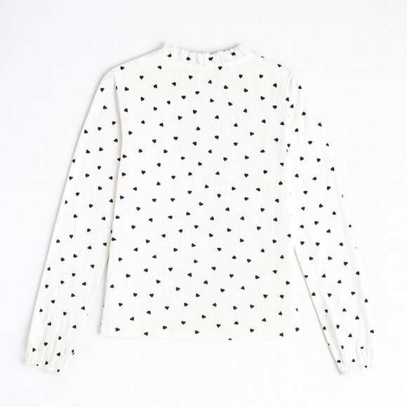 White Ruffle Mock Neck Long Sleeve Blouse Black Heart Print Women’s Size M - Picture 3 of 11